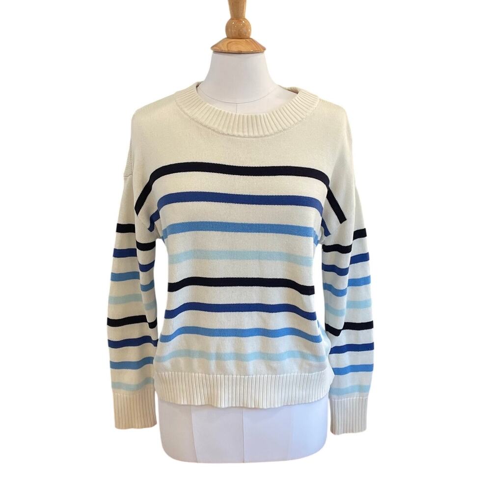 Talbots Blue Stripe Crewneck Long Sleeve Sweater, Pima Cotton, Preppy, M